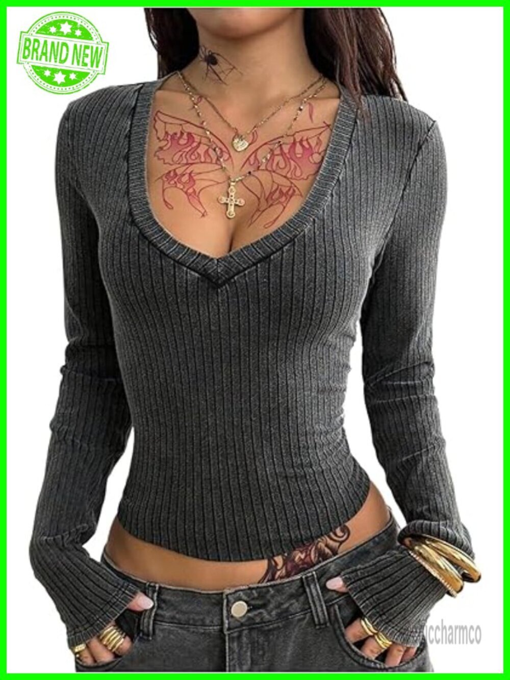 Long Sleeve Ribbed Crop Top Deep V Neck Slim Fit Tee